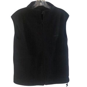 DKNY black polyester fleece vest. Zippered front. Drawstring bottom. Size L